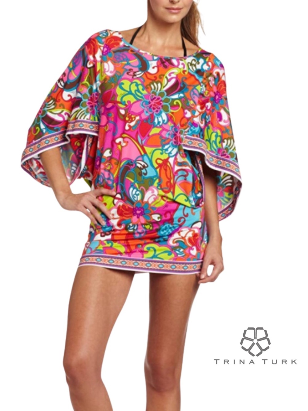TRINA TURK new Fiji Floral Cape-Sleeve Tunic Dress